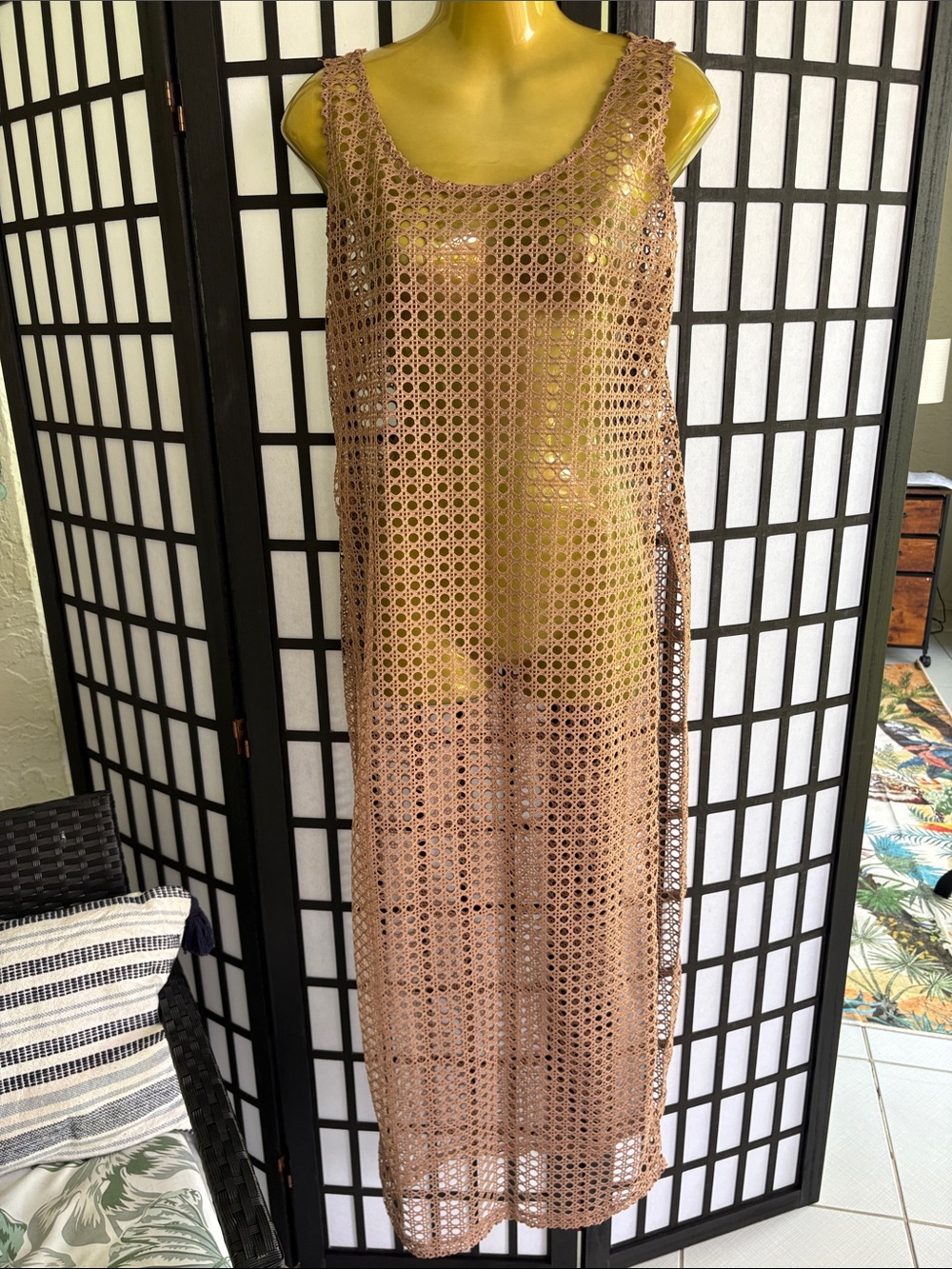 Crocheted Sheer Maxi Cover-Up Dress in brown. X-Large